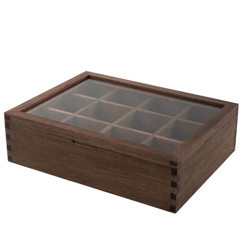 

Black walnut solid wood Grid division Storage box Glass cover Organizer box with lid Flip cover Organizer for small things