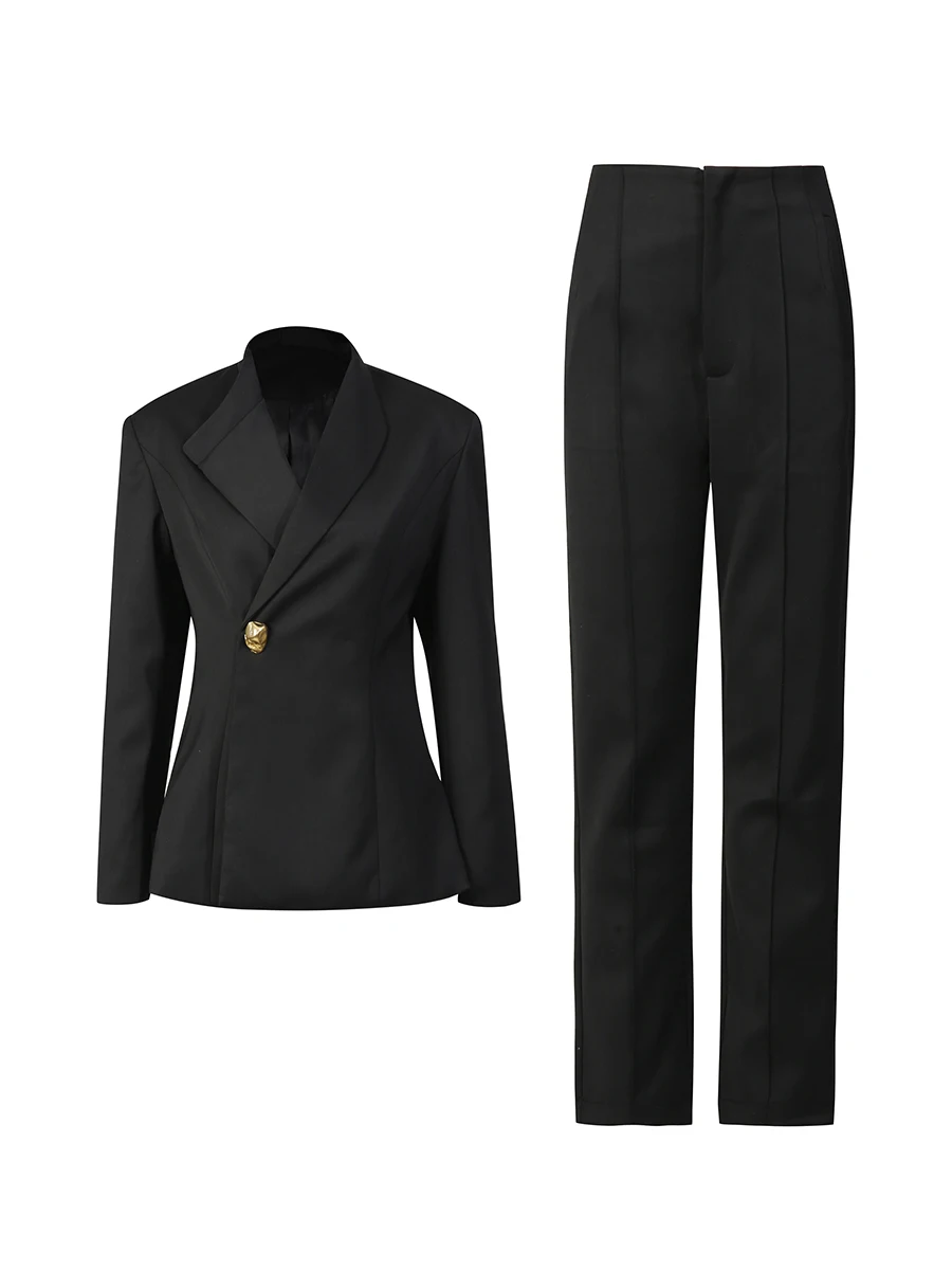 TWOTWINSTYLE Solid Minimalist Two Piece Sets for Women Lapel Long Sleeves Spliced Metal Button Blazer High Waist Pant Set Female