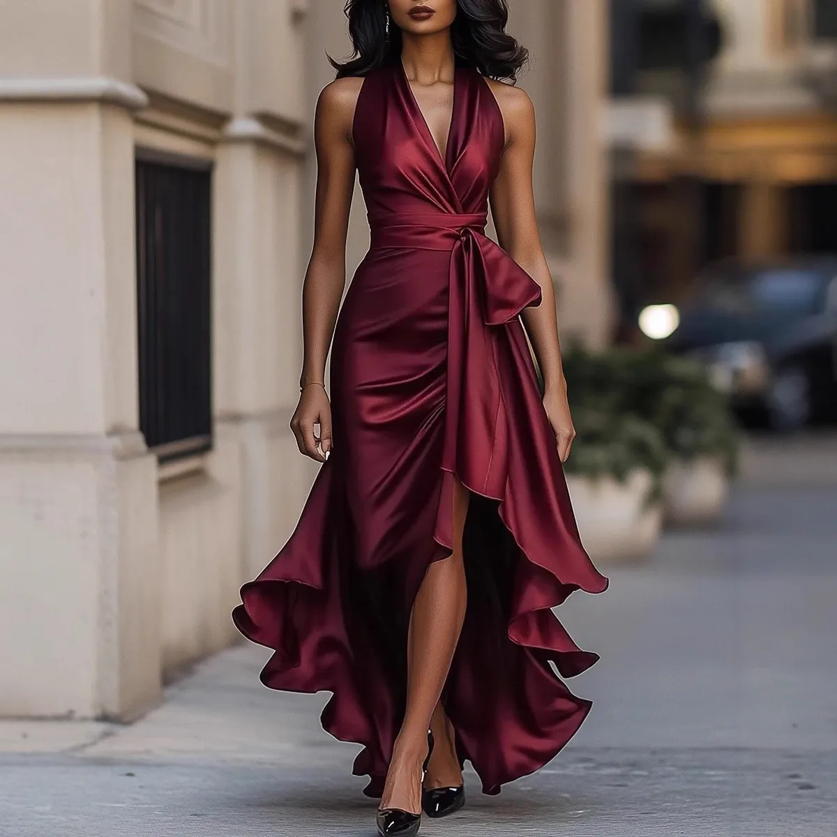 Women's Elegant Wedding Guest Dress V Neck Sleeveless High Waist Ruffle Long Satin A Line Off Shoulder Prom Party Wedding Dress