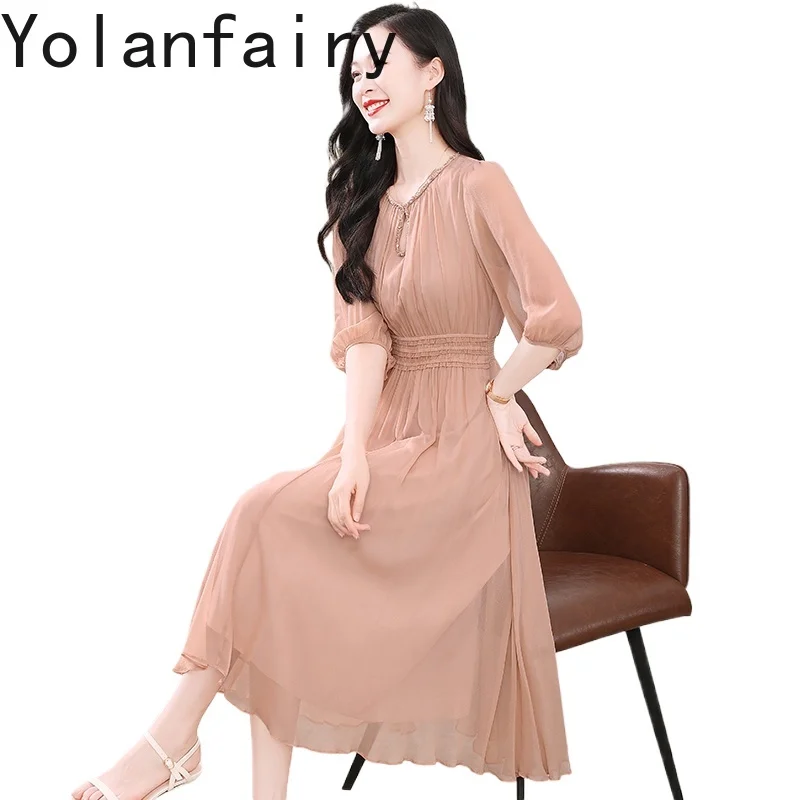 

YOLANFAIRY Elegant 100%Natural Mulberry Silk Dress 2025 Woman Light Luxury Early Autumn Cinched Waist Women Dress Ladies Dresses
