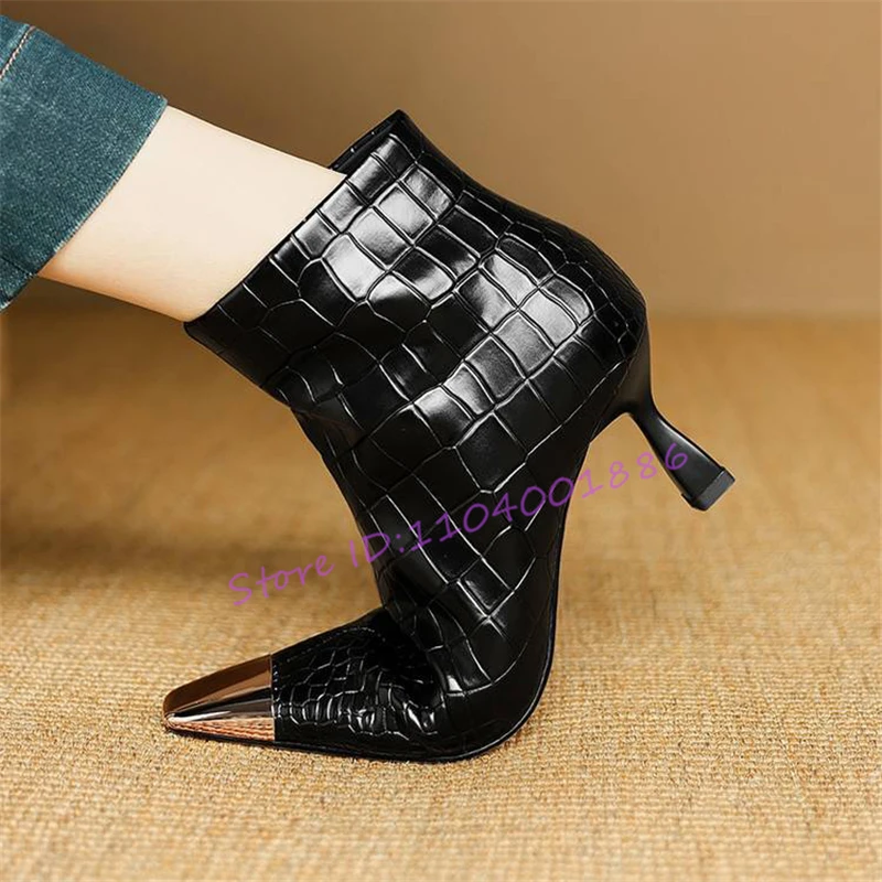 الخريف الشتاء الرجعية أشار تو أحذية بوت قصيرة موضة مثير المعادن تصميم الجانب سستة عالية الكعب مأدبة الحفلات النساء الأحذية المرنة #1