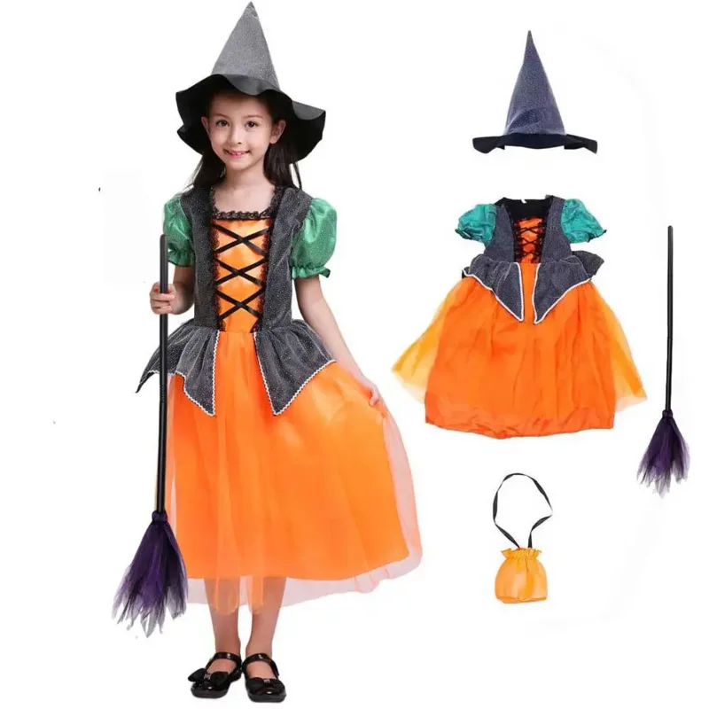 

Witch Halloween Costume Pumpkin Witch Costume Set Fashionable Witch Cosplay Costume Dress For Party Festive Girls
