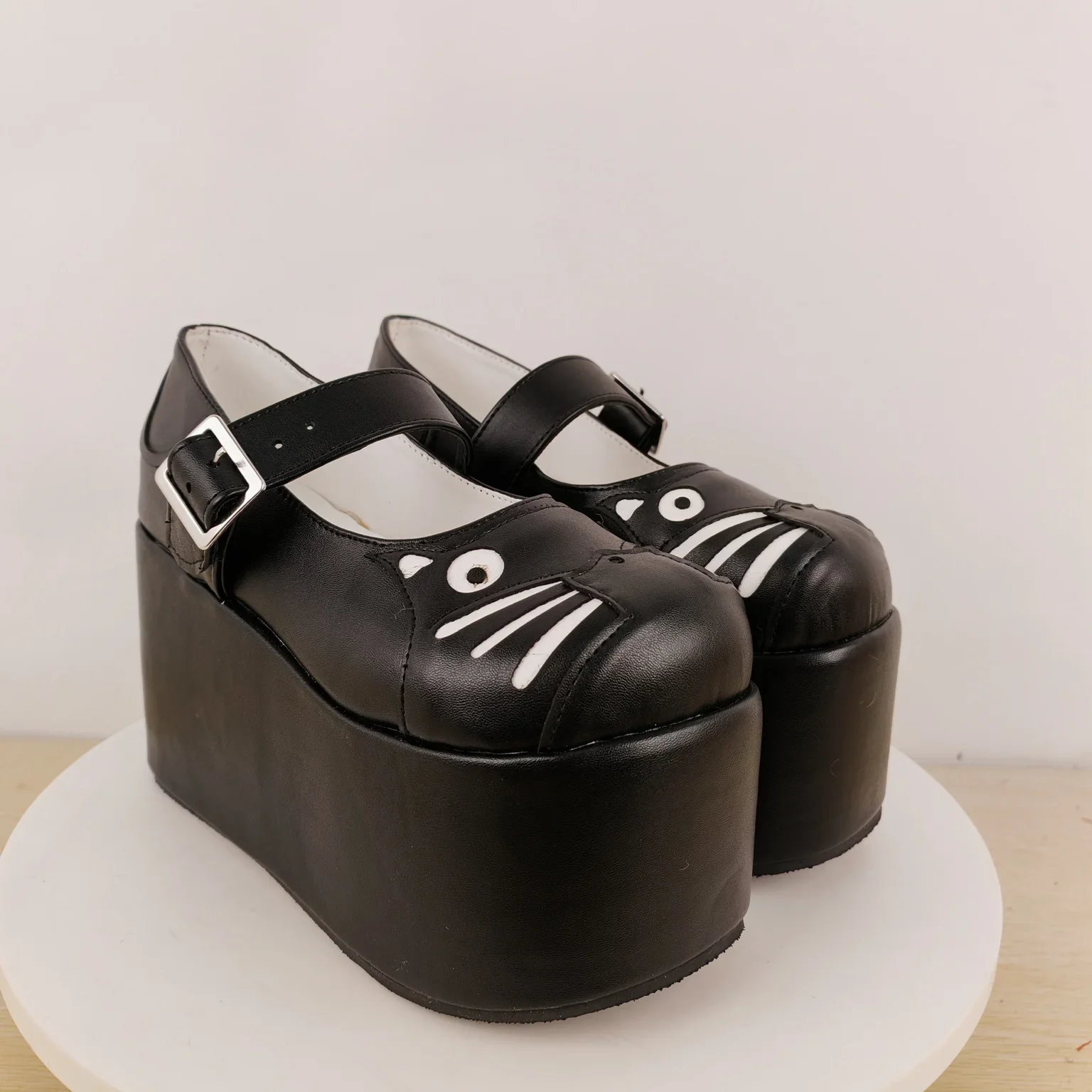Leather Metallic Eyelets Platform Heels Fashion Round Toe High Sweet Cat Pattern Decoration Street Style Buckle Women Shoes