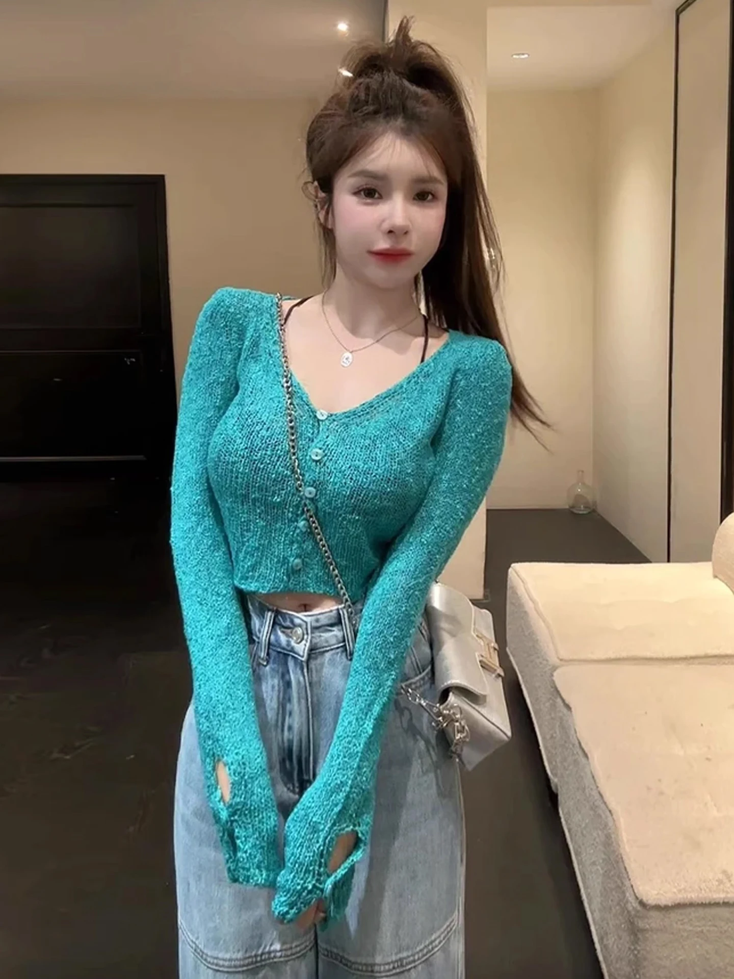 เสื้อคาร์ดิแกนถักแบบเปิด Cleanfit Long Sve สำหรับผู้หญิง รุ่นใหม่ต้นฤดูใบไม้ร่วง ดีไซน์เพรียวบาง เซ็กซี่ สีลูกกวาด ตกแต่งสวยงาม