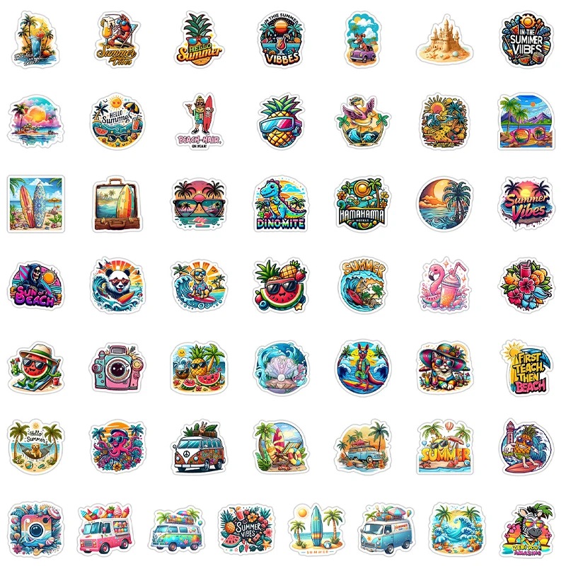 

50 шт., летняя тема, солнце, пляж, море, мультфильм, эстетические наклейки, забавные граффити, пляж, гитара, скейтборд, канцелярские принадлежности, водонепроницаемая наклейка