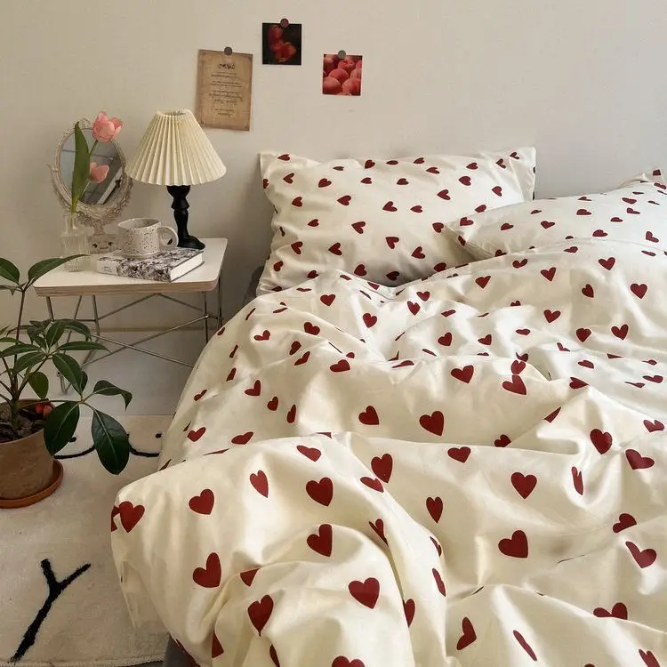 Korean Style Bedding Set Twin Full Queen Size Bed Linen Kids Adult Floral Bed Flat Sheet Pillowcase Black Love Heart Duvet Cover