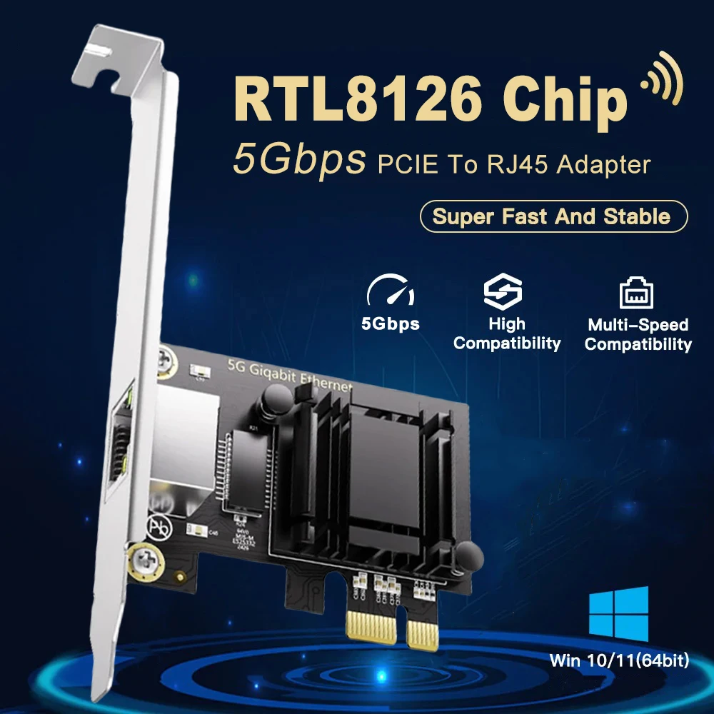 Сетевая карта Pcie — RJ45, 5 Гбит/с, Realtek 8126, 100 Мбит/с/1G/2,5G/5G, интерфейс RJ45, адаптер Gigabit Ethernet PCI Express X1 X4 X8 X16