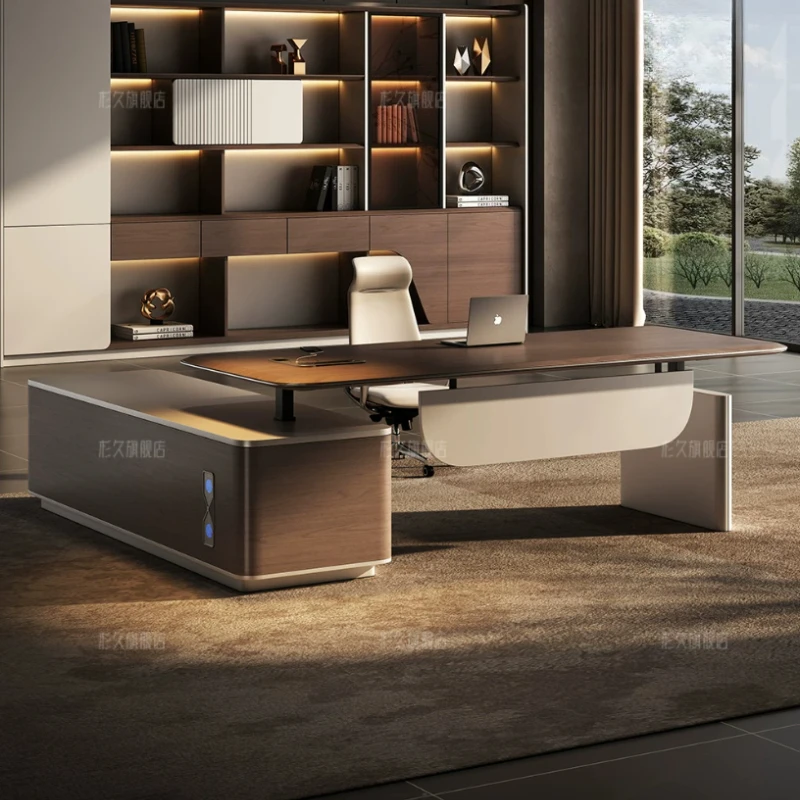 Minimalist Motorized Sit-Stand Manager Workstation Two-Tone Wood Grain Executive Desk & Chair Combo for Corporate Bulk Purchase