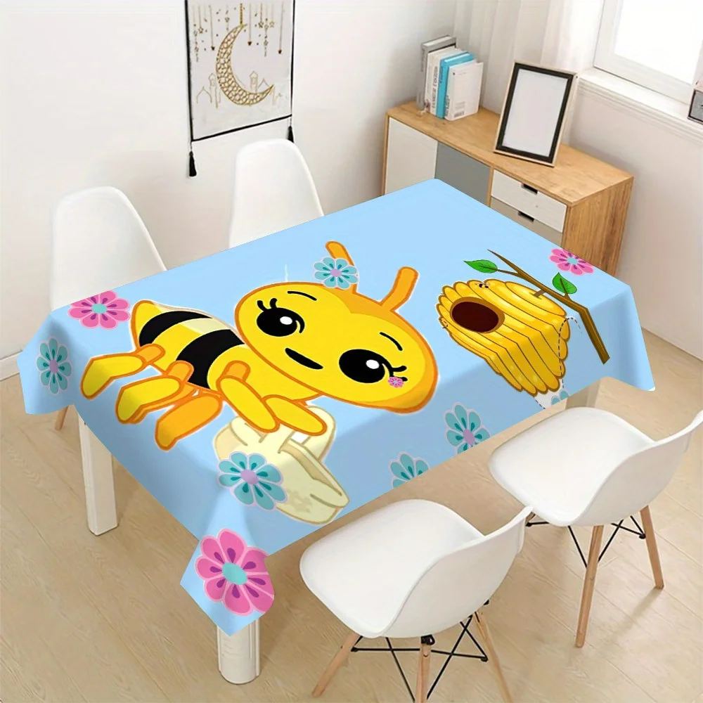 Cartoon Cute Bee Beehive Floral Tablecloth Waterproof Table Cover for Kids Party Picnic Decor