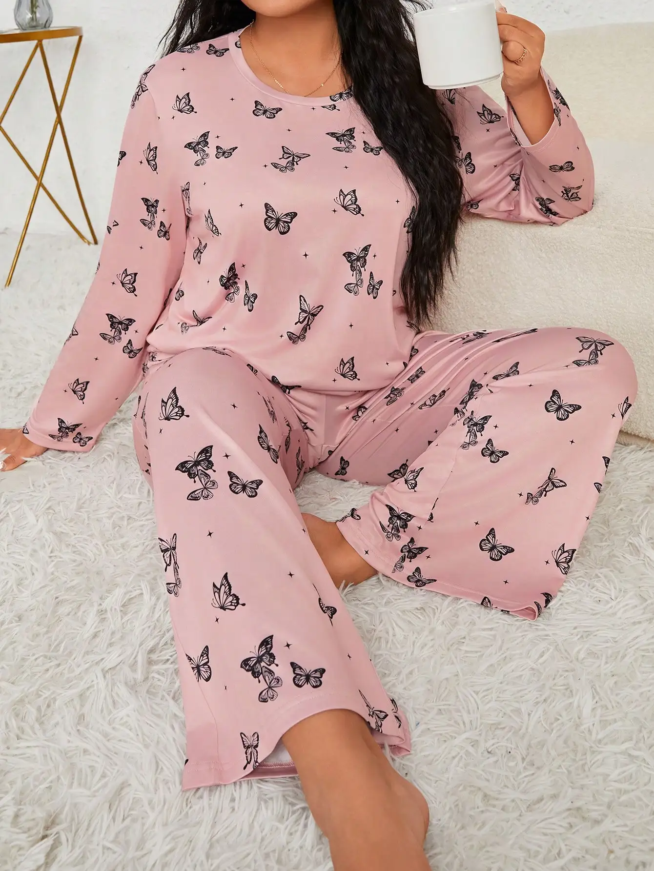 Spring and Autumn Women\'s Large Size Pajamas Casual Butterfly Print Pink Top&Pants 2PK