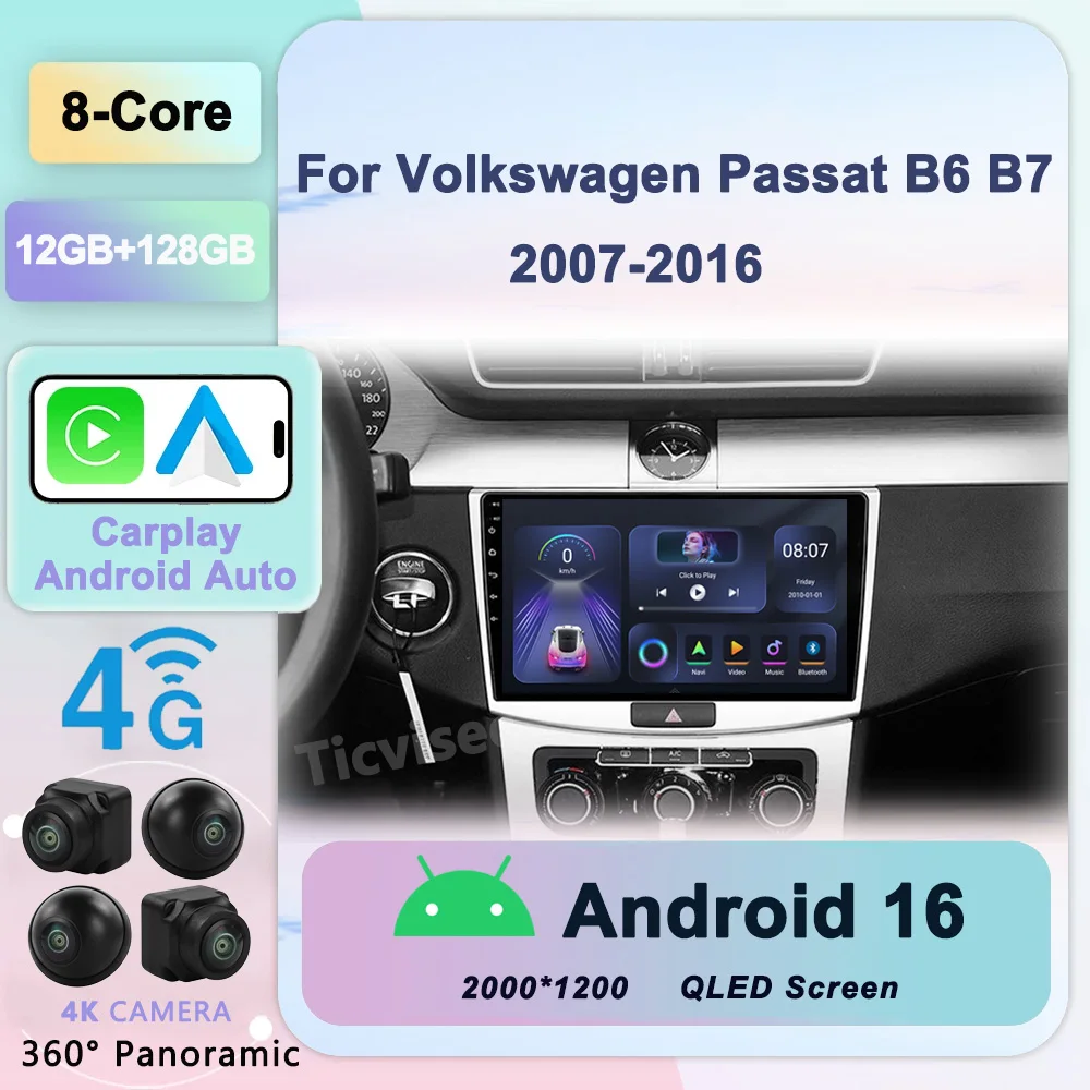 

Android 16 CarPlay Android Auto Car Radio for Passat B7 B6 CC 2010-2015 4G 2 din Multimedia GPS Navigation 2din autoradio