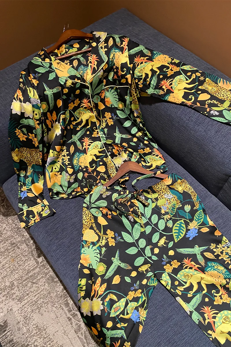 Green Women\'s Pajama Set Vintage Print Fashion Ladies Satin Pijama Long Sleeve Spring Autumn Luxury Silk Sleepwear For Female