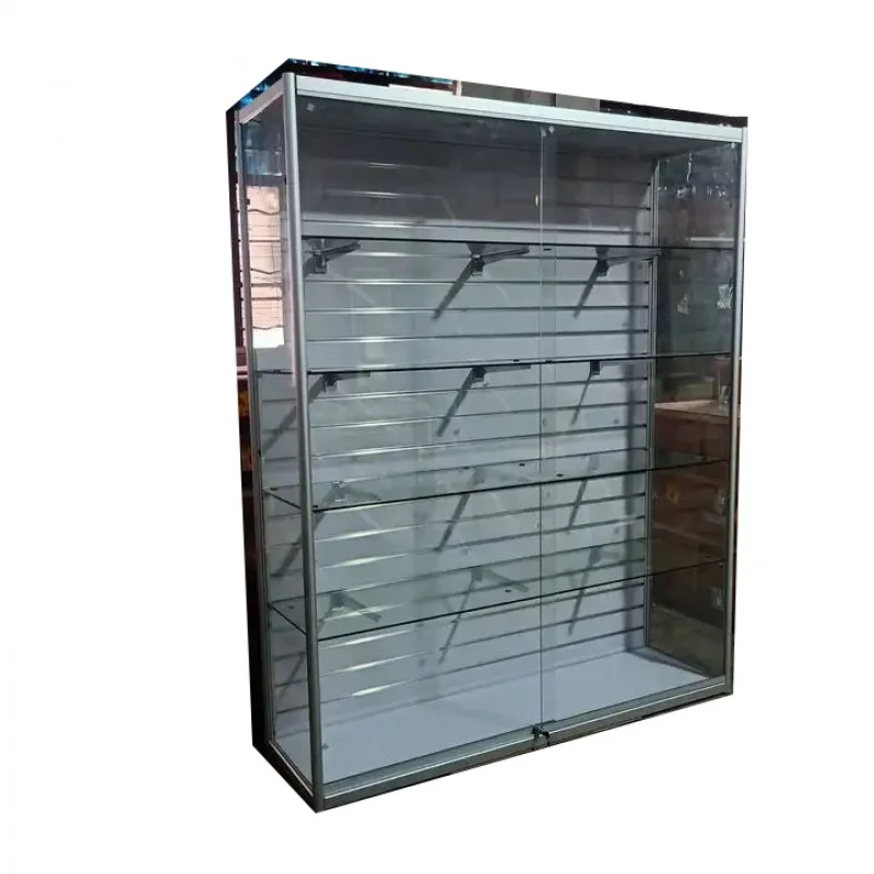 Custom. full slatwall showcase with LED lighting glass display cabinets hanging accessory products display cases