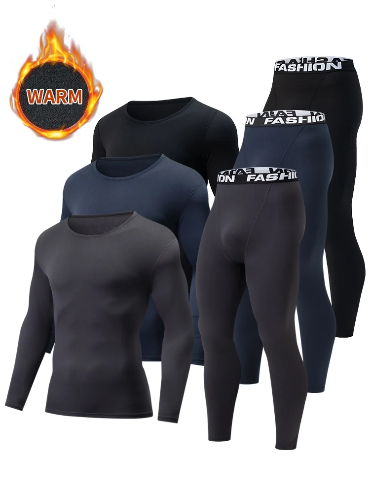 AliExpress NONE 2-pcs Autumn/Winter Men's Thick Warm Underwear Set Large Solid Color Casual Sports Base Shirt Cycling Fitness Elastic Waist Pant