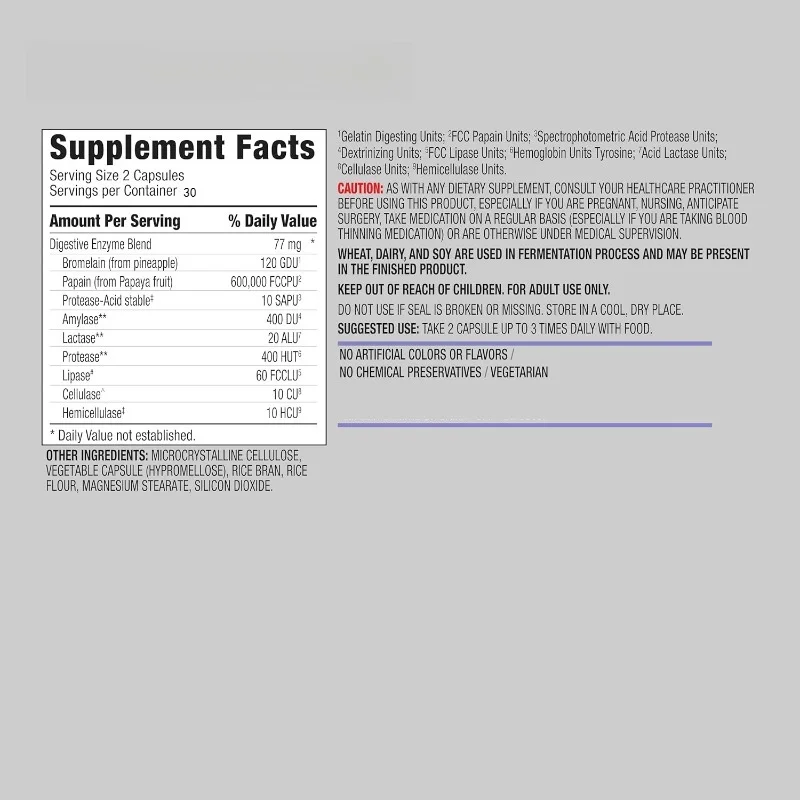 Digestive Supplement, Containing Enzymes and Papaya Leaves, Plant-based Herbal Plants, To Alleviate Gastrointestinal Discomfort