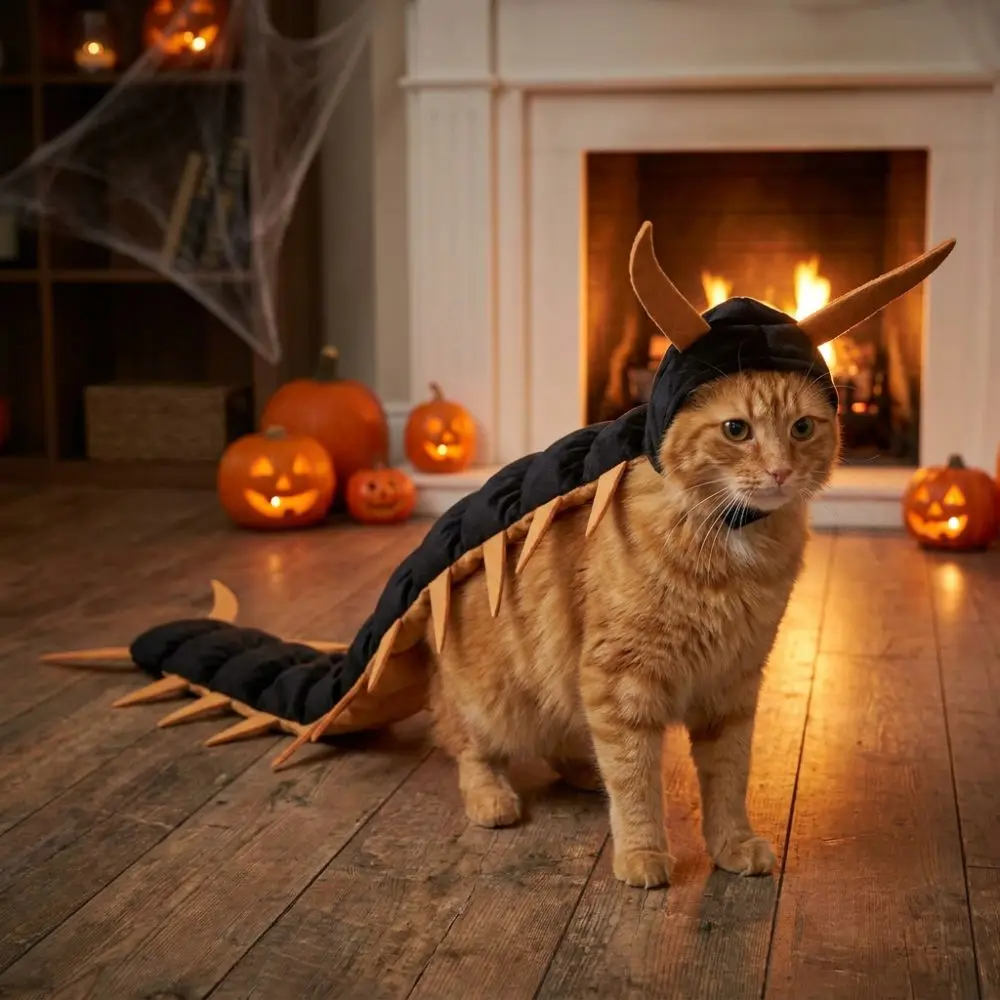Plüschiges, flauschiges Halloween-Tausendfüßler-Katzenkostüm – Simuliertes, gruseliges Haustier-Verkleidungs-Cosplay, lang, segmentiert, verstellbar – Detail 9