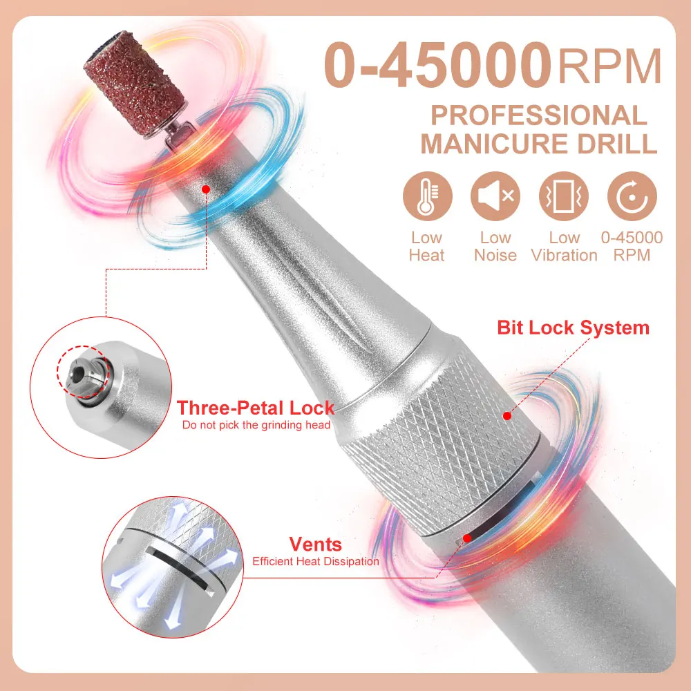 45000RPM Electric Nail Drill File Rechargeable Portable Electric Nail File Machine Kit for Nail Polishing Removing Gift Supplies