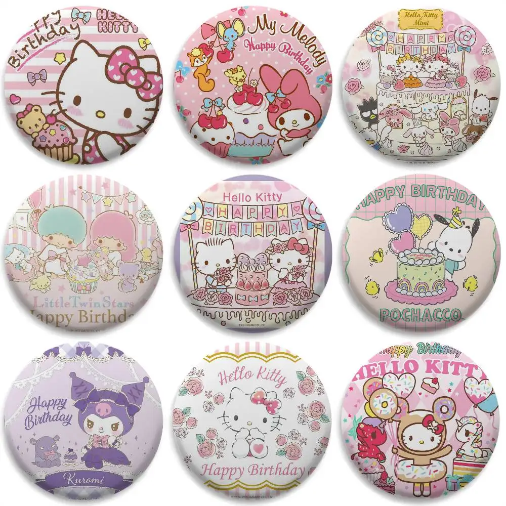 

Kitty Kuromi Happy Birthday Girl Badges Round Exquisite Badge Brooches Creative Pins For Clothes Hat Backpack Gift Accessories