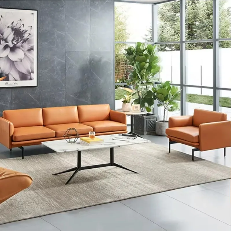 Modern Luxury Italian Office Furniture Simple Design Occasional PU Leather Sofa Set with Metal Legs Wholesale