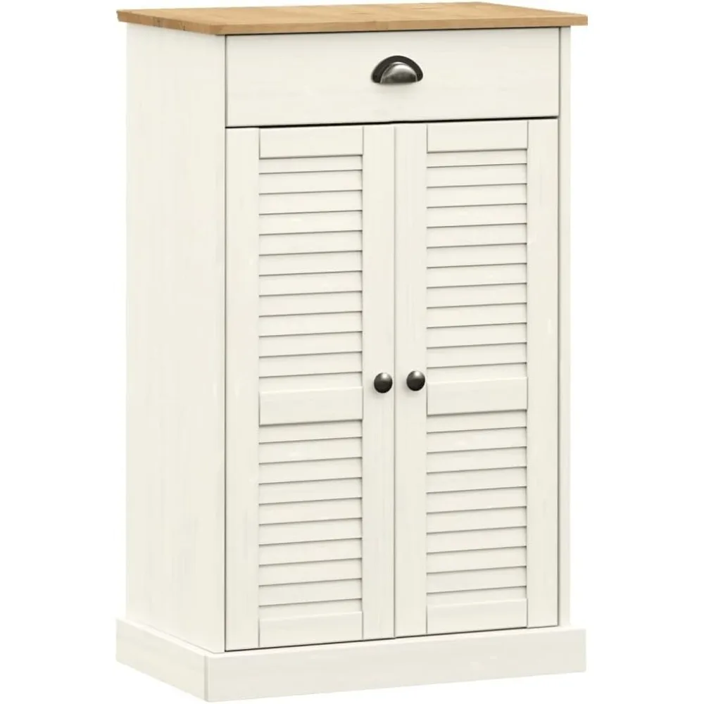 White Pine Wood Shoe Cabinet with 2 Shelves, 1 Drawer, Metal Handles, and Shutter-Style Doors