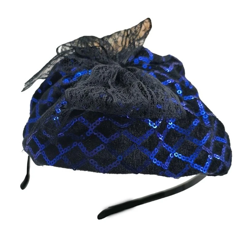 39BC Lace Bowknot Headband Sequined Hat for Women Girl Aesthetic French Fascinator Hairhoop for Evening Dresses Hair Styling