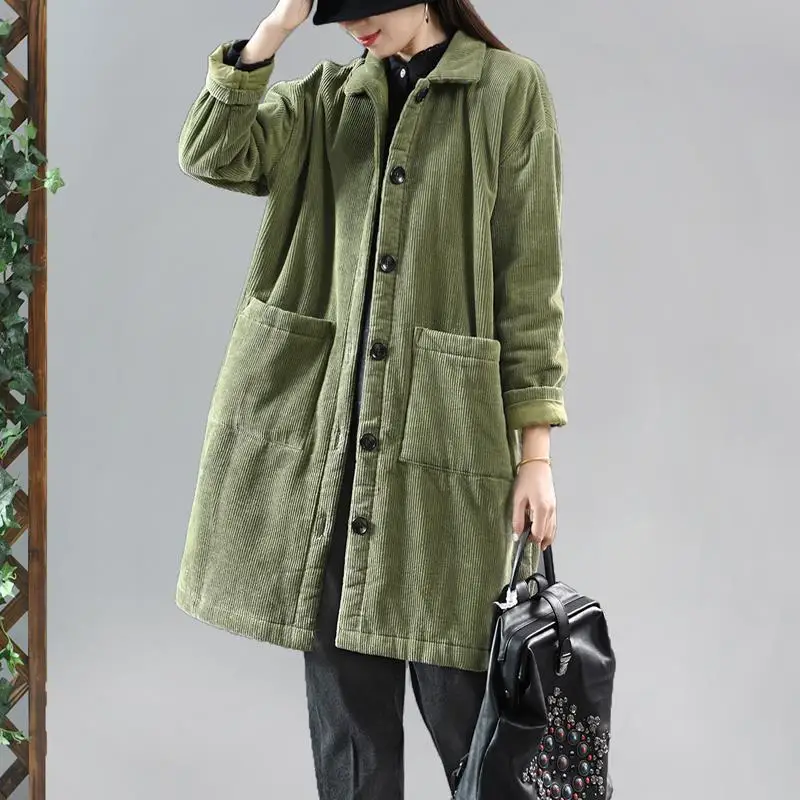 

Faionable Pure Cotton Corduroy Jaet Women's Autumn Winter Korean Sle Front Zipper Long Sve Thiened Coat