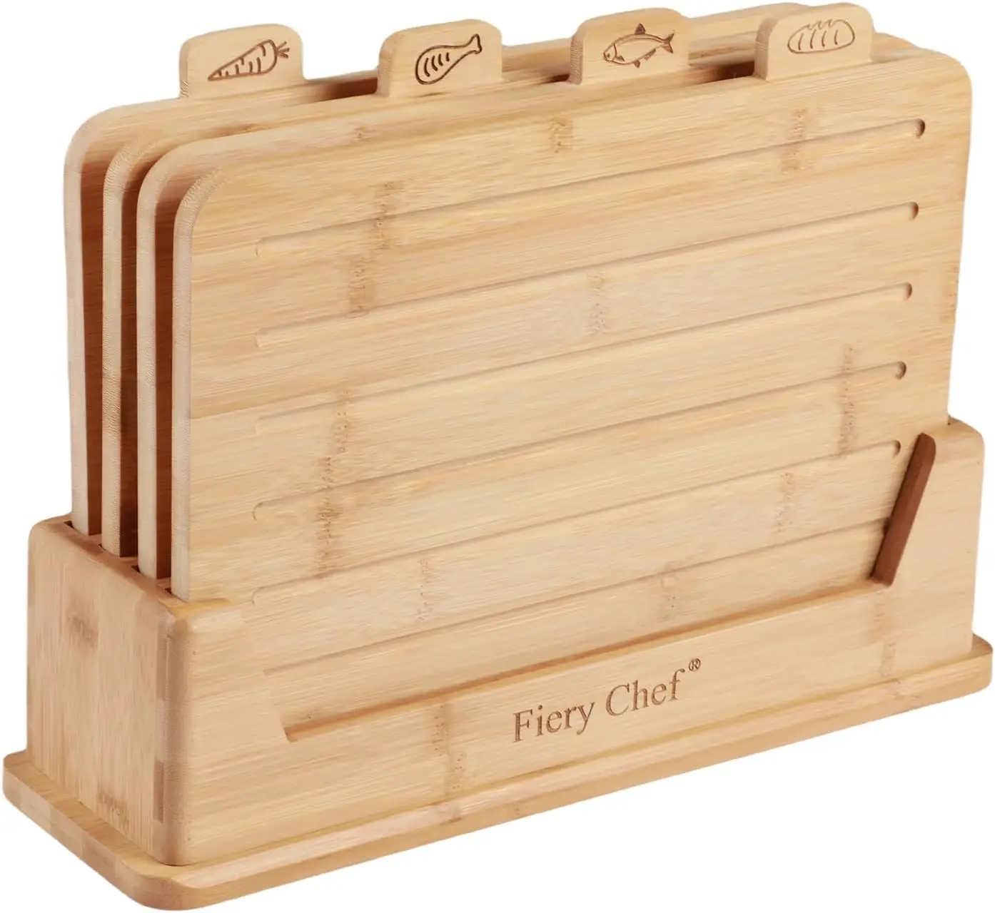 

4-Piece Bamboo Cutting Board Set with Holder, Food Icons, and Juice Groove for Meat, Fish, Bread, Vegetables