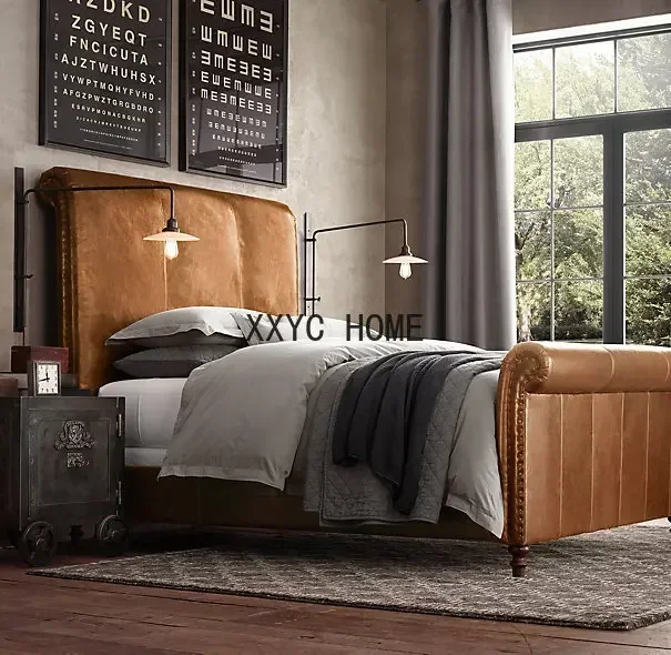 French Country Retro First Layer Cowhide Soft Pack Bed Italian Oil Wax Leather Double Bed