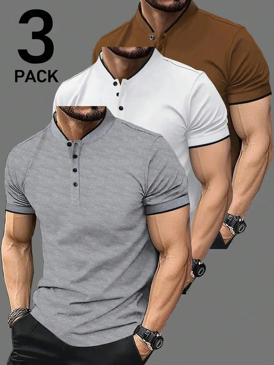 

Mens 3 Pack Contrast Trim Short Sleeve Shirt Casual Top