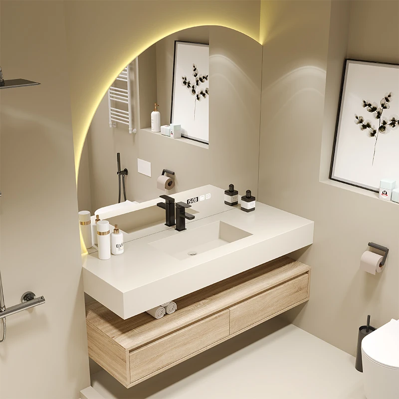 Minimalist light luxury rock slab integrated basin bathroom cabinet combination of solid wood sink wash table bathroom