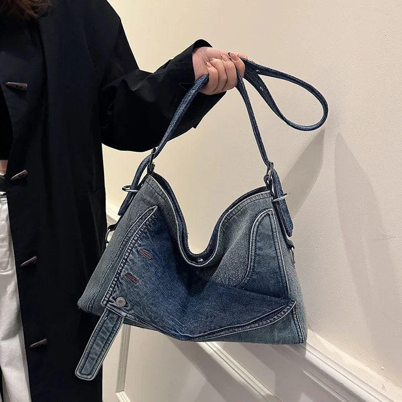 Denim grande capacidade bolsa de ombro feminina moda feminina 2024 nova alta qualidade casual retro bolsa de viagem