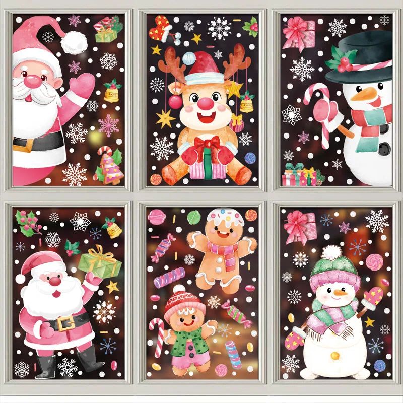 Pink Santa Claus Christmas Window Stickers Christmas Decorations 2024 Gingerbread man Glass Static Sticker New Year Noel Kerst