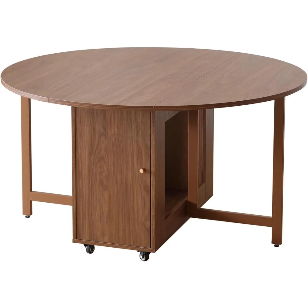 Wood Kitchen Foldable Table Large Drop Leaf Dinner Table with Storage Shelf Metal Legs