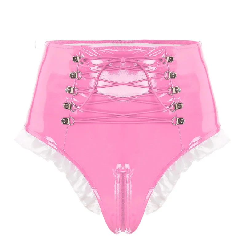 

Womens Lingerie Zipper Crotch Latex Briefs Glossy Patent Leather High Waist Lace-up Maid Knickers Panties Underwear Clubwear