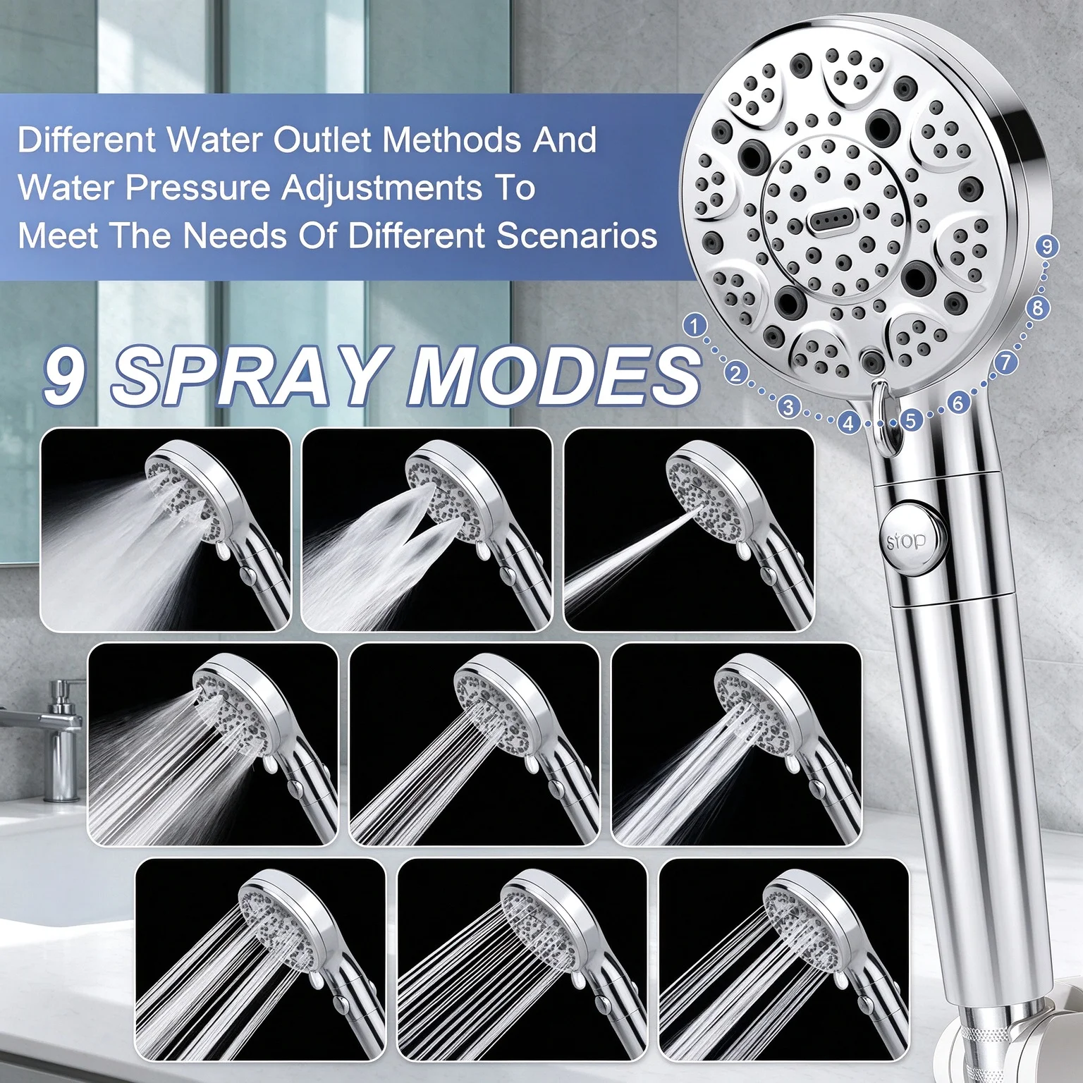 9 Modes Pressure Boost Shower Head Multifunction Adjustable Large Water Nozzle Massage Rain Shower Bathroom Accessory