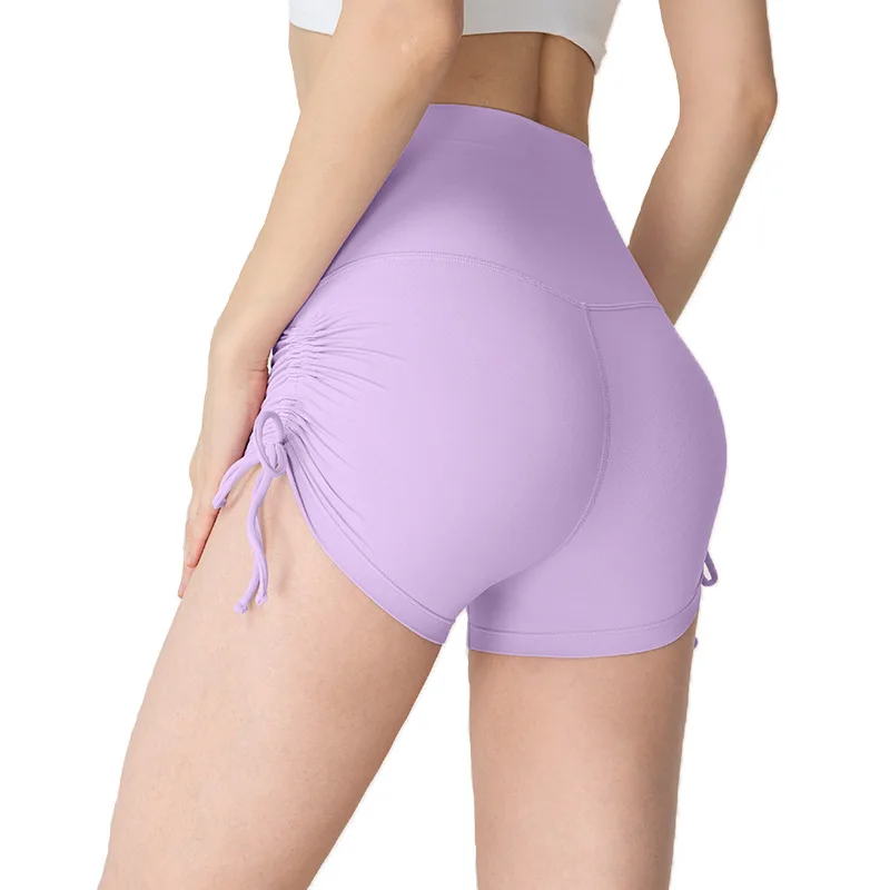 No Size Lycra Nude Yoga Shorts Women\'s Pleated Drawstring Fitness Shorts No T Sports Cycling Honey Peach Shorts