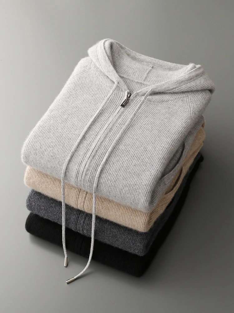 

Новый шикарный кардиган с капюшоном, мужской простой кашемировый свитер в повседневном стиле, осень-зима, плотное высококачественное вязаное пальто из 100% кашемира