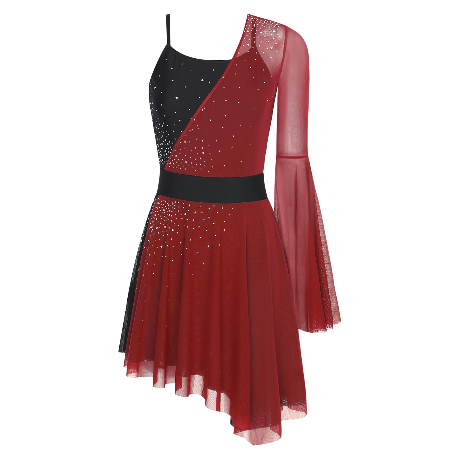 Dames wedstrijd kunstschaatsjurk kleurblok mesh asymmetrische flare mouw met ingebouwde slips Latin moderne danskleding