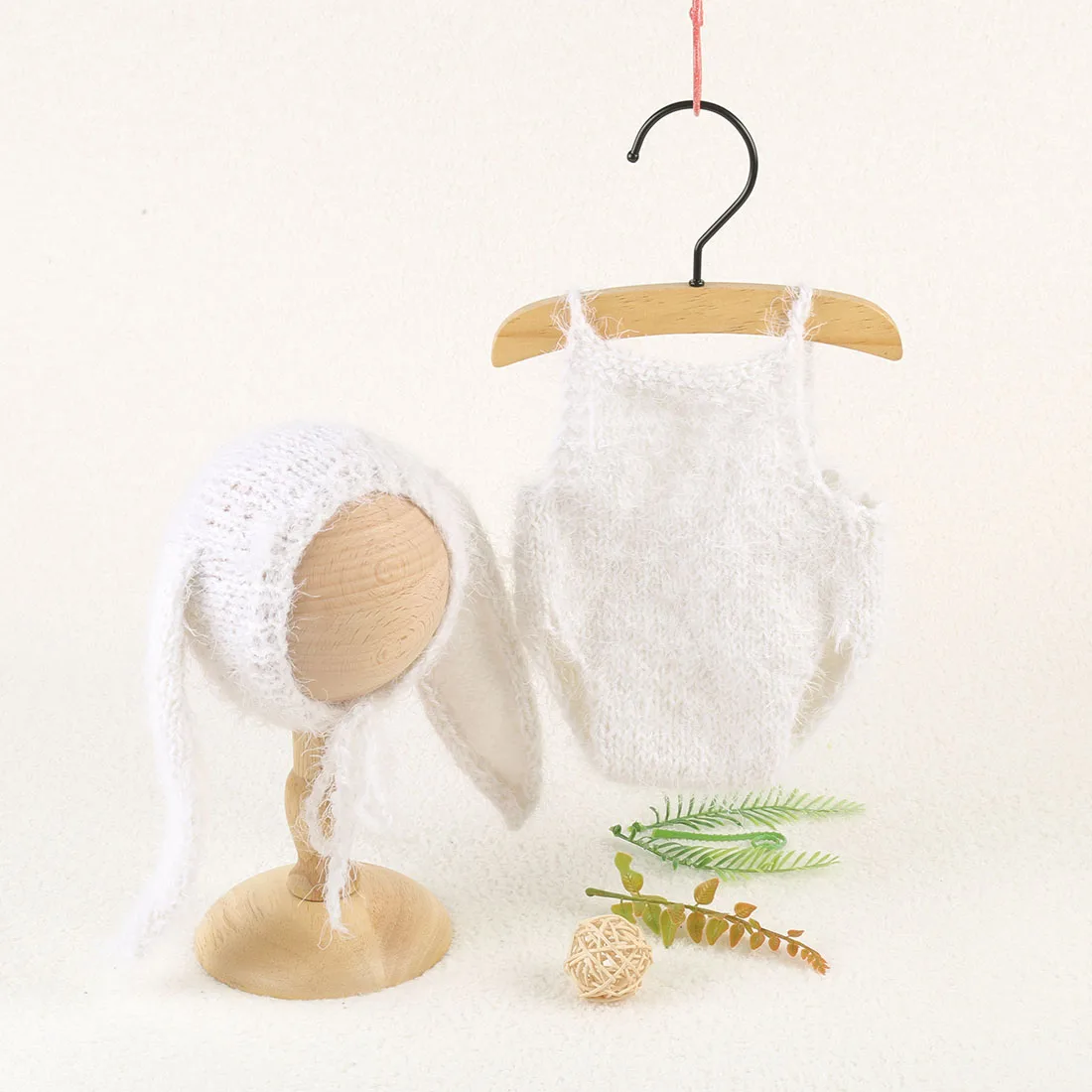 Knitted Angola Rabbit Romper And Bonnet Baby Outfit Set with Suspenders Crochet Baby Pants Newborn Photography Props