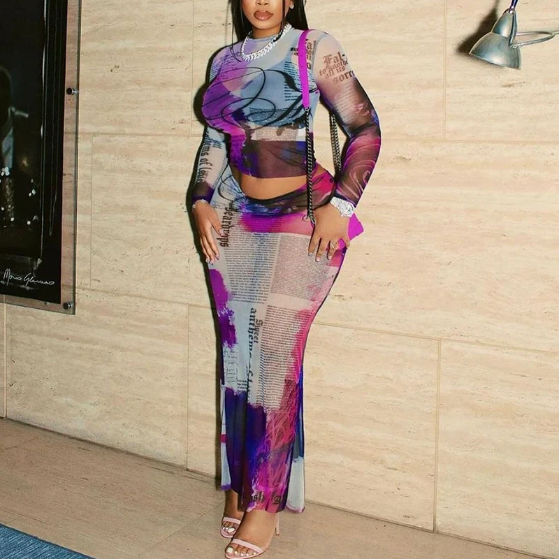Sexy carta cor impressão maxi vestido define feminino conjunto de duas peças malha pura manga longa o pescoço colheita superior e saia longa conjuntos de correspondência