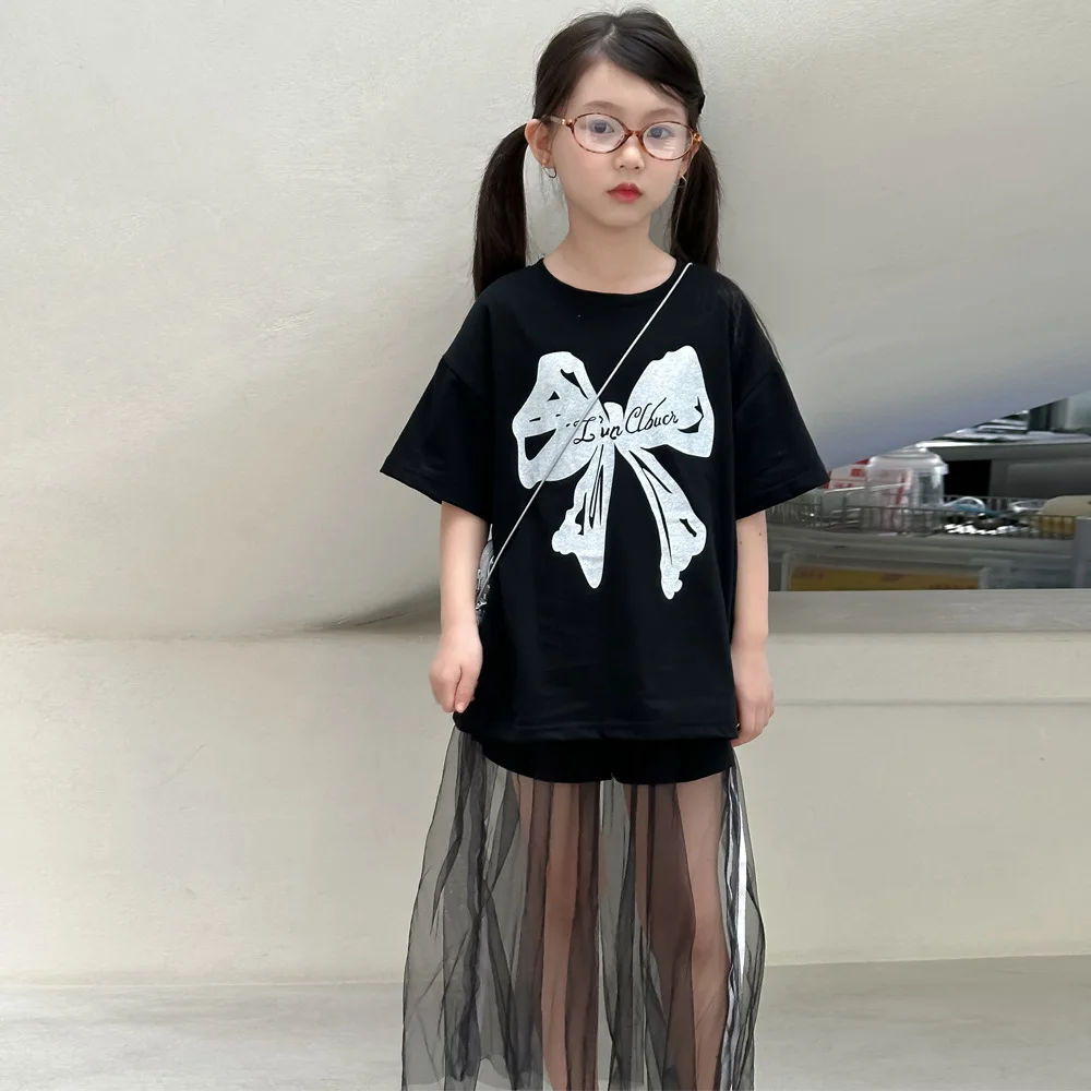 

Children Clothing Set 2024 Summer Girls Bow Print Short Sleeve Loose T-shirt Gauze Skirt Set Korean Style Two-piece Set