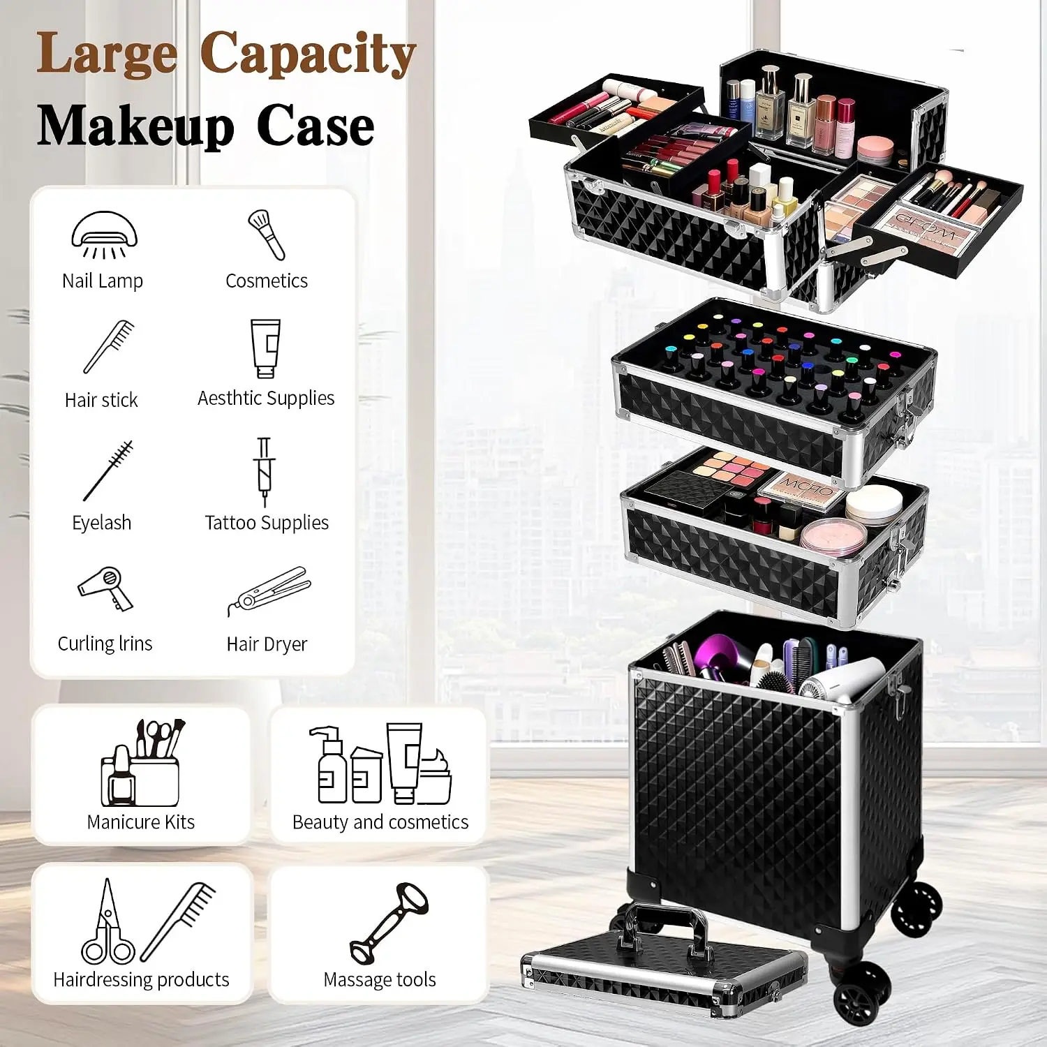 Rolling Makeup Train Case, Cosmetic Trolley Luggage Box, Salon Beauty Barber Tool Storage Organizer, Multi Layer Detachable Caster Wheel Holder, Classic Style, Solid Black, 1 Pack view 2