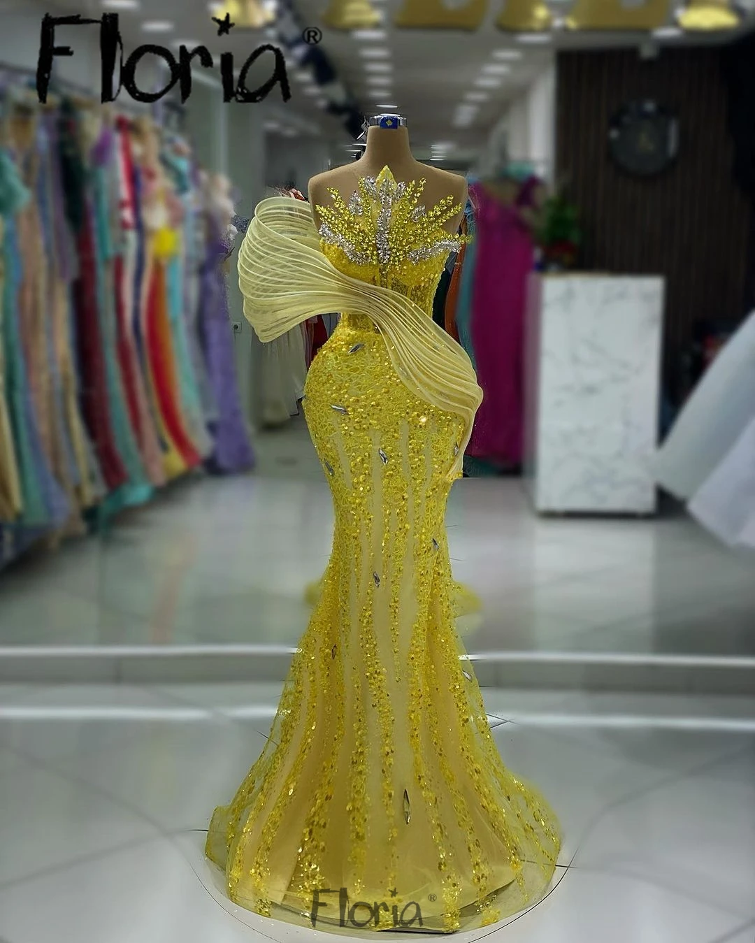 Glitter Lemon Yellow Party Dress Midi Long Mermaid Evening Dress Heavy Crystals Wedding Night Gowns Fashion Ruffles Design 2024