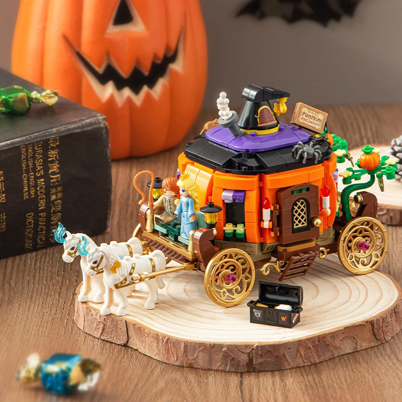 Magic Pumpkin Carriage Small Particle Building Blocks Model Ornaments Educational Splicing Toys Halloween Collection Gift