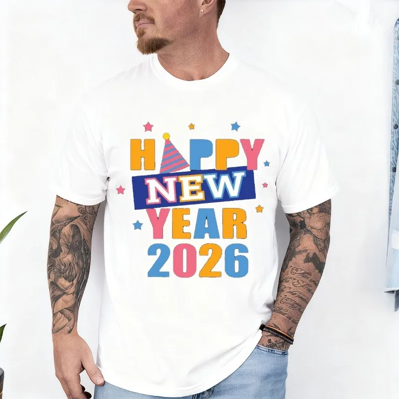 

Happy New Year Colorful 2026 with Stars Adult T-Shirt Crew Neck Short Sleeve Cotton Top All Seasons Casual Fashion Comfortable