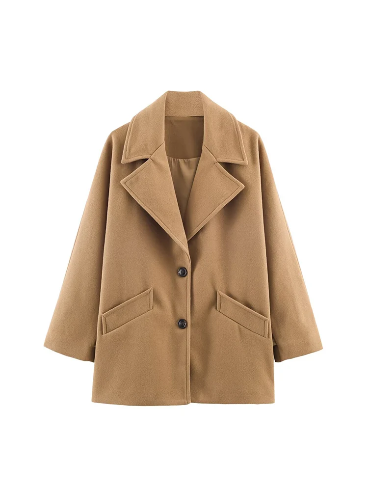 

European style new women's fashion, versatile and elegant, solid color loose-fitting coat with pockets, mid-length jacket.