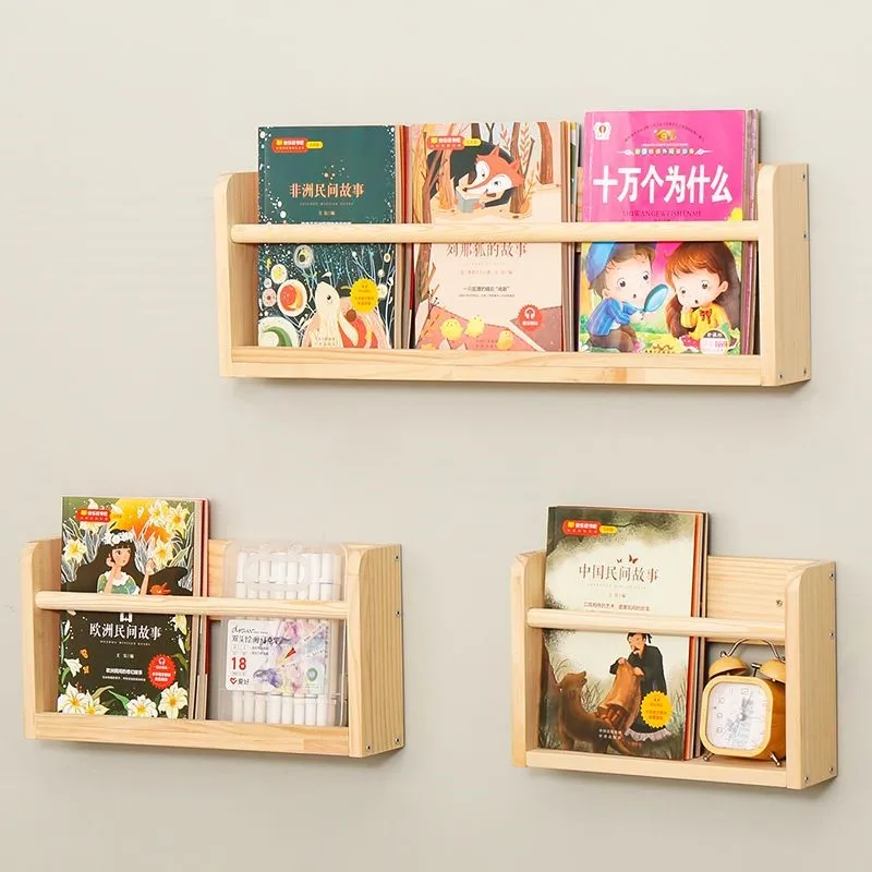 

Solid Wood Wall Mounted Bookshelf Free Punching Storage Shelf Picture Book Shelf Children's Bookshelf Bedroom Decor Rack ZE200