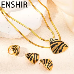 ENSHIR 316L Stainless Steel Black Golden Tiger Stripe Necklace Earring Ring For Women Vintage New Snake Bone Chain Jewelry Set