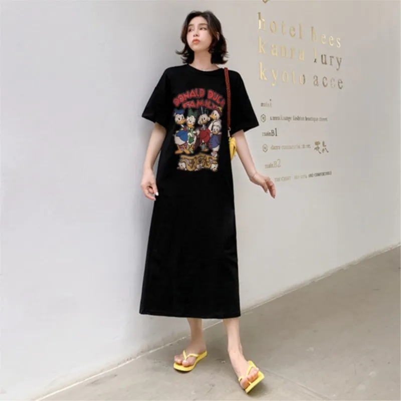 Korean Designer Brand Trend Summer New Women Dress Cartoon Loose Short-sleeved Over-the-knee Long T-shirt Skirts