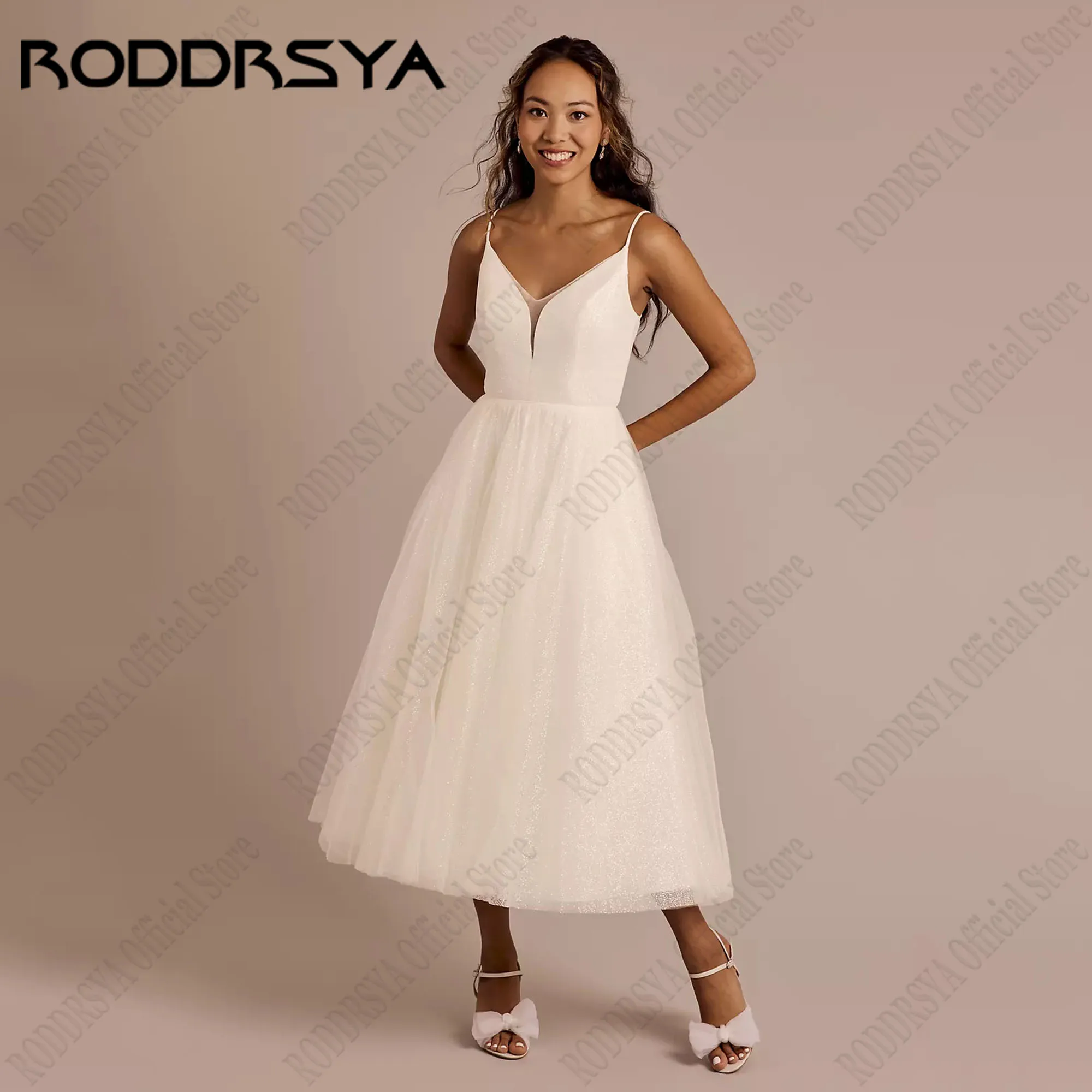 

RODDRSYA V-Neck Sleeveless Wedding Dresses A-Line Sparkly Tulle Bride Party Gowns Spaghetti Straps свадебное платье Customized